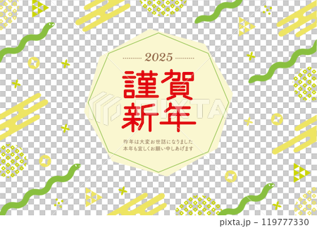 New Year's card with a snake and a pop Japanese pattern illustration on a white background_Happy New Year_Green 119777330