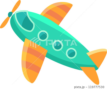 Green and orange cartoon airplane flying in the sky, perfect for projects related to travel, tourism, and transportation 119777530