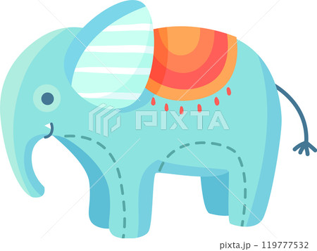 Blue elephant toy with colorful blanket on its back, a cheerful and playful illustration perfect for children s designs. The toy like design adds a touch of whimsy and nostalgia 119777532