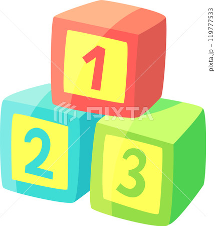 Three colorful toy blocks forming a numeric sequence, representing early childhood education, counting, and playful learning 119777533