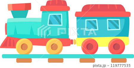 Cartoon illustration of a toy train engine pulling a passenger carriage, showcasing vibrant colors and a playful design 119777535