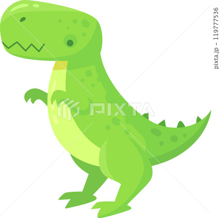 Cartoon illustration of a friendly green tyrannosaurus rex dinosaur standing on two legs, isolated on a white background. Perfect for children s books, educational materials, and more 119777536