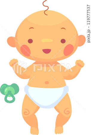 Happy baby is standing and smiling, ready to play. This joyful baby illustration would be perfect for projects related to childhood, parenting, and baby products 119777537