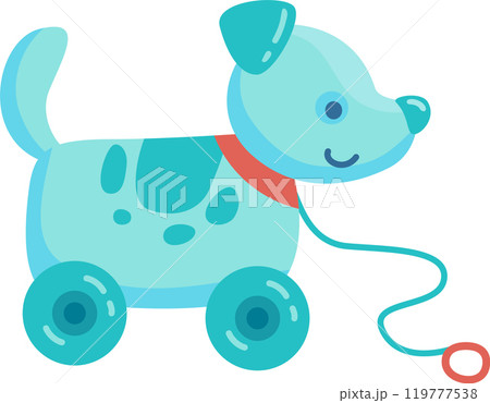 Cartoon illustration of a happy blue toy dog pulling on wheels, suitable for children s books, toys, and playful designs 119777538