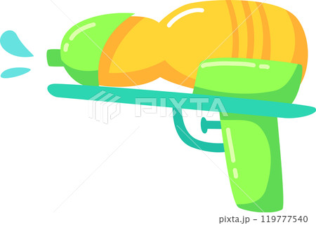 Cartoon water gun squirting water with a fun, colorful design, perfect for summer illustrations, games, or any project needing a playful touch 119777540