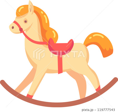 Cute rocking horse toy standing on curved wooden plank rocking base, children room furniture element, kids entertainment, childhood symbol Cute rocking horse toy standing on curved wooden plank rocking base, children room furniture element, kids entertainment, childhood symbol 119777543