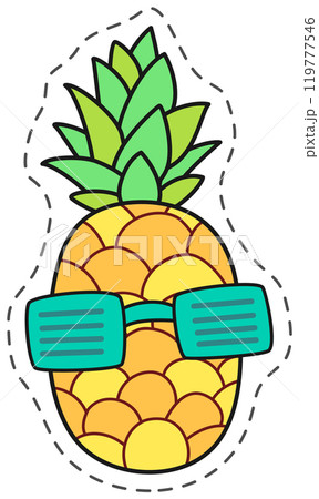 Cartoon illustration of a pineapple wearing sunglasses, with a big smile and a cut out outline. Perfect for designs related to summer, tropical destinations, and fun 119777546