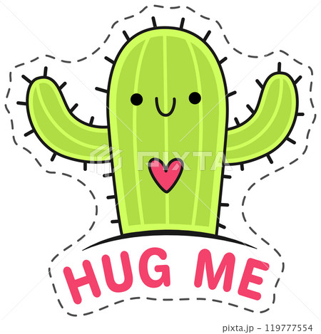 Cute cartoon cactus with arms wide open, showing a heart for a warm hug. Smiling and cheerful, radiating joy and positivity, like a playful friend welcoming you Cute cartoon cactus with arms wide open, showing a heart for a warm hug. Smiling and cheerful, radiating joy and positivity, like a playful friend welcoming you 119777554
