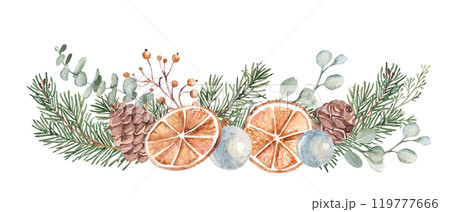 Winter plants Watercolor Garland. Christmas or New Year Composition. Fir Branches, Eucalyptus, Pine Cones and dry Orange slices with blue Glass Balls. Hand drawn Botanical illustration isolated on 119777666