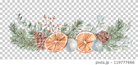 Winter plants Watercolor Garland. Christmas or New Year Composition. Fir Branches, Eucalyptus, Pine Cones and dry Orange slices with blue Glass Balls. Hand drawn Botanical illustration isolated on 119777666