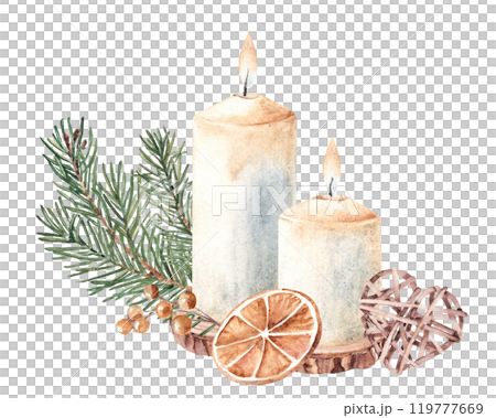 Christmas Candle Composition with Fir Branches, dry Orange slice and Wicker Toy. Heart made of rattan. Watercolor illustration isolated on white background. Second Advent. For Cards and Prints. 119777669
