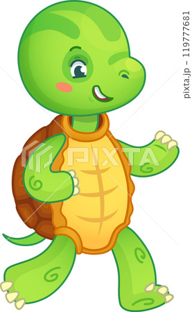 Cartoon illustration of a happy green turtle walking and winking, perfect for children s books, educational materials, and more Cartoon illustration of a happy green turtle walking and winking, perfect for children s books, educational materials, and more 119777681