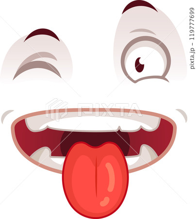 Playful cartoon face expressing positive emotions by being silly, winking, and sticking out its tongue, isolated on a white background 119777699