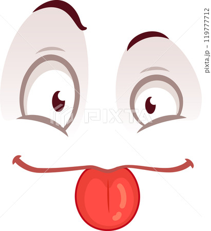 Playful cartoon face with a silly expression, tongue sticking out, and eyes looking sideways, adding humor and joy to designs. Perfect for positive emotions and playful projects Playful cartoon face with a silly expression, tongue sticking out, and eyes looking sideways, adding humor and joy to designs. Perfect for positive emotions and playful projects 119777712