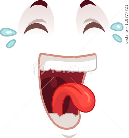 Cartoon face illustration showing a wide open mouth with tongue hanging out, eyes squeezed shut, and tears running down the face 119777721
