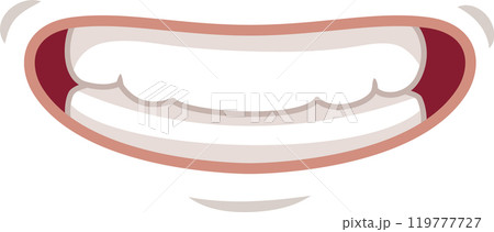 Big, joyful smile with teeth and tongue against a white background radiates happiness and fun, perfect for conveying delight and bliss 119777727