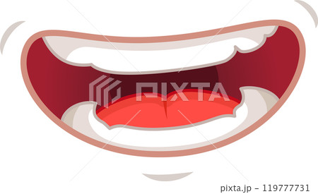 Cartoon illustration of a big toothy mouth smiling and laughing, ideal for concepts involving happiness, fun and amusement 119777731
