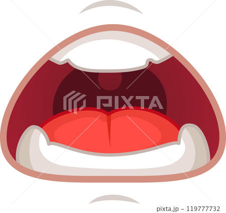 Colorful cartoon of a mouth wide open, teeth showing, and tongue out, conveying emotions like anger, fear, or surprise. Perfect for adding humor to designs 119777732