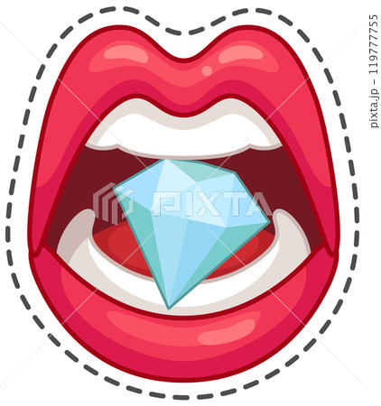 Cartoon illustration of red lips holding a big shiny diamond between teeth, on a white background with black dashed outline 119777755