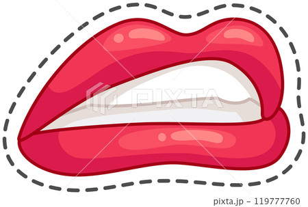 Cartoon illustration of red lips slightly parted showing teeth biting down, isolated on white background with black dashed cut out outline Cartoon illustration of red lips slightly parted showing teeth biting down, isolated on white background with black dashed cut out outline 119777760