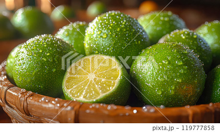 Close-up shot of fresh, dewy limes piled in a basket. Ideal for fresh produce and food-related themes 119777858