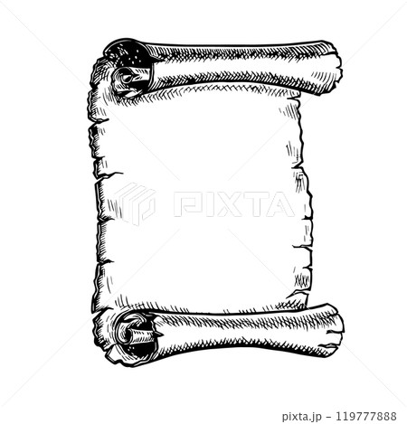 Antique paper scroll. Vector black and white graphics. Hand-drawn illustration on a white background. An element of the design of postcards, flyers, posters. For stickers, flyers, banners and more. 119777888