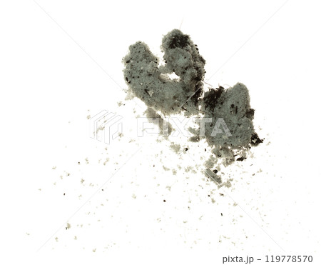 Dirty Melting snow mix with soil dust mud and splash fly in mid air. Dirty snow dust mud explode splash in winter, melt and thawing in spring. White background isolated element 119778570