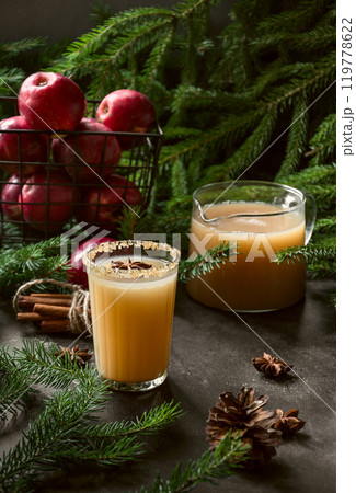 Apple cider cocktail with cardamon and star anise on black table with fir tree branches. Close up. 119778622