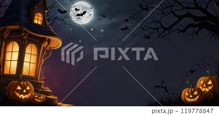 Halloween banner with space for text featuring pumpkins, vintage books, candles and mysterious trees. Fantasy Halloween banner concept 119778847