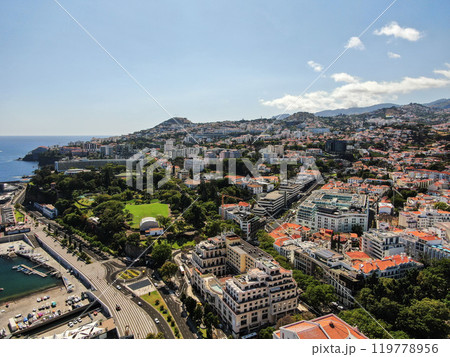 Aerial view of the coast of Funchal city on the island of Madeira 119778956