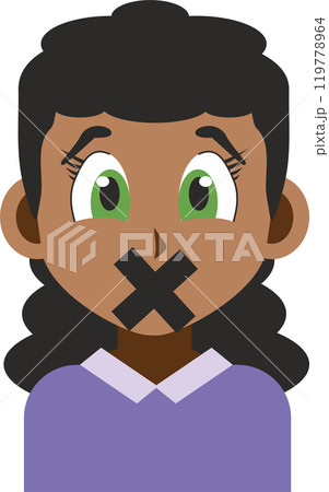 Illustration portrait of a young afro American woman with Japanese anime style graphics and colors in flat design with his mouth sealed by an X 119778964