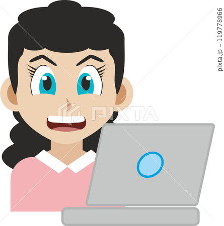 Japanese manga style illustration of a smiling young adult girl front view using a computer laptop 119778966