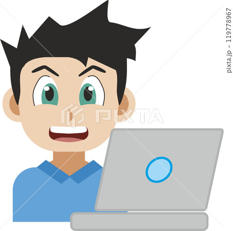 Japanese manga style illustration of a smiling young adult man front view using a computer laptop. Japanese manga style illustration of a smiling young adult man front view using a computer laptop. 119778967
