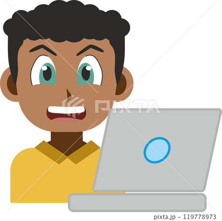 Japanese manga style illustration of a smiling young adult african american man front view using a computer laptop. 119778973