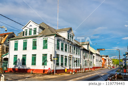 Traditional houses in the historic center of Paramaribo, UNESCO world heritage in Suriname, South America 119779443