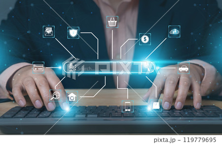 Search with AI Assistant; SEO Search Engine Optimization Concept. AI SEO icons on websites to rank search engines or perform SEO. search on screen. Artificial Intelligence data technology 119779695