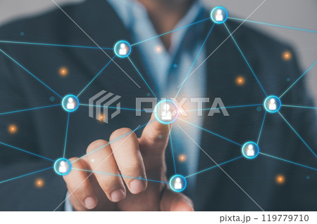 Social network interface businessman touch button sign. Human resource concept. 119779710