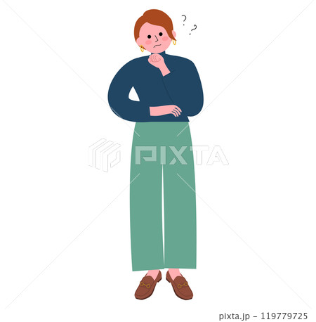 中堅社員の女性が首を傾げて考え事をしている全身のイラスト 119779725