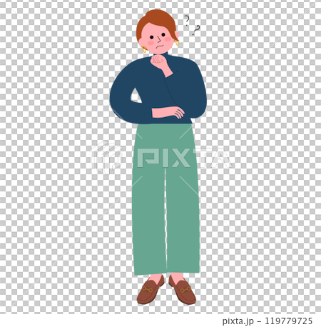 中堅社員の女性が首を傾げて考え事をしている全身のイラスト 119779725
