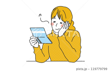 通帳を見てご機嫌な女性のシンプルイラスト 119779799