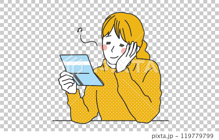 通帳を見てご機嫌な女性のシンプルイラスト 119779799
