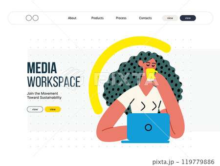 Creative workspace, modern flat vector concept illustration of a woman drinking coffee working sitting with a computer Remote work, flexibility, independence, efficiency, mobility, synergy, freedom 119779886
