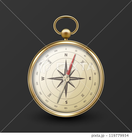 Realistic 3D Vector Compass with Gold Metallic Frame, Navigation Tool Illustration. Vintage Wind Rose Symbol on Dial, Compass Icon Close-up, Isolated 119779934