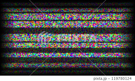 RGB TV static noise background. Glitch bw pixelated television screen. Lost or bad TV signal VHS video with black stripes wallpaper. CRT screen with interferences or glitches. Vector white noise grain 119780124
