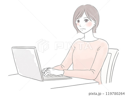 イライラと怒ってパソコン操作をする女性の水彩風イラスト 119780264