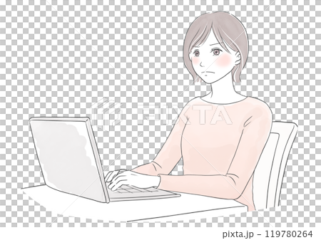 イライラと怒ってパソコン操作をする女性の水彩風イラスト 119780264
