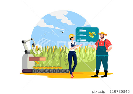 Farmers and engineers monitor and analyze data in the smart farms. 119780846