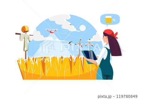 The farmer uses a tablet to control the automatic irrigation system in the field 119780849