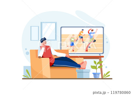 Man watching sports from streaming on TV 119780860