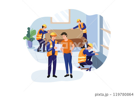 Construction workers arranging interior 119780864